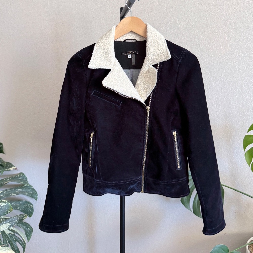 7 For All Mankind Womens Navy Moto Jacket Sherpa Collar Velvet Texture Small